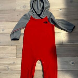 The North Face Red and Gray Hooded Kids Fleece One-Piece